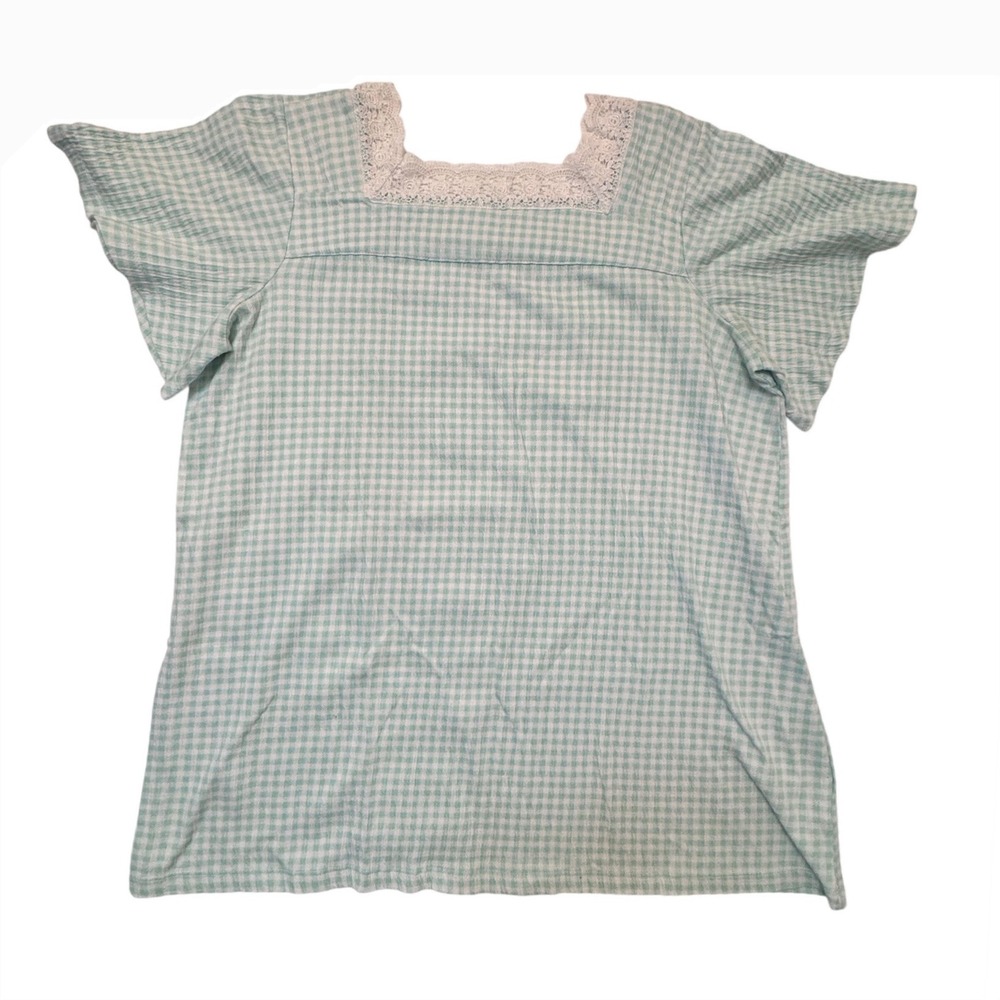 Lands End Womens‎ Turquoise Gingham Lace Trim Square Neck Stretch Top Medium